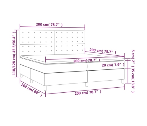 Cama box spring colchón y LED cuero sintético gris 200x200 cm