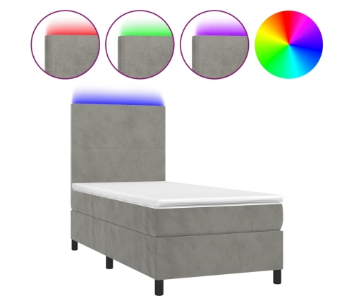 Cama box spring colchón y LED terciopelo gris claro 80x200 cm