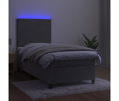 Cama box spring colchón y LED terciopelo gris claro 80x200 cm