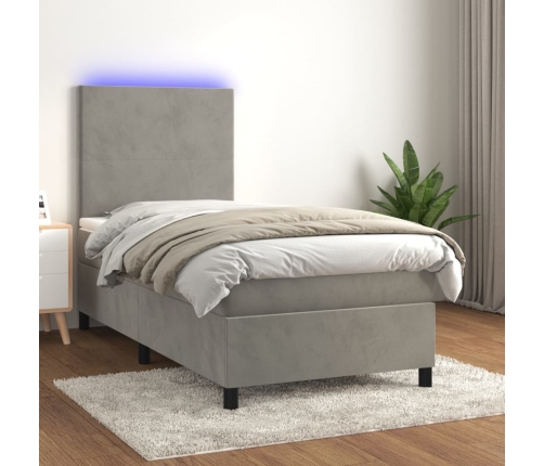 Cama box spring colchón y LED terciopelo gris claro 80x200 cm