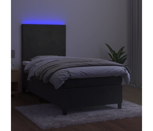 Cama box spring colchón y LED terciopelo gris oscuro 80x200 cm