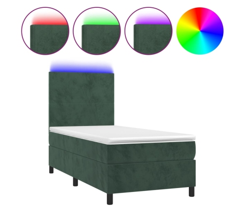 Cama box spring colchón y LED terciopelo verde oscuro 80x200 cm