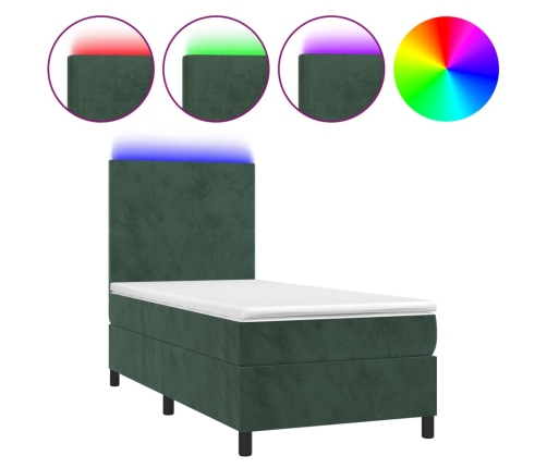 Cama box spring colchón y LED terciopelo verde oscuro 90x190 cm