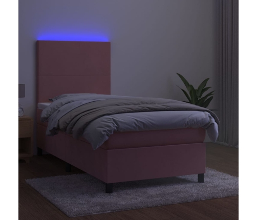 Cama box spring colchón y LED terciopelo rosa 90x190 cm