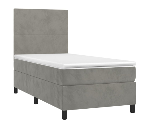 Cama box spring colchón y LED terciopelo gris claro 90x200 cm