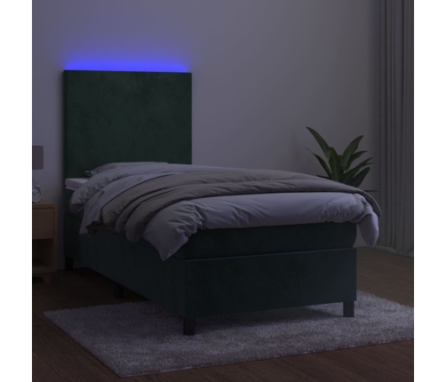 Cama box spring colchón y LED terciopelo verde oscuro 100x200cm