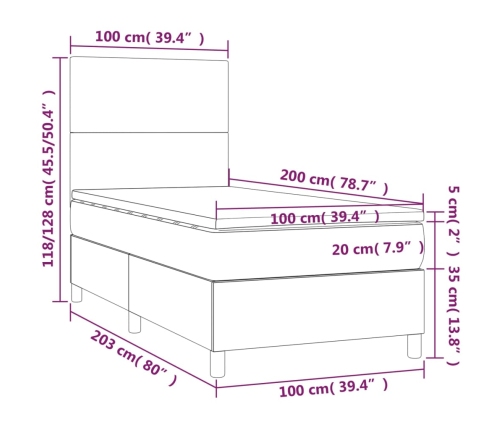 Cama box spring colchón y LED terciopelo verde oscuro 100x200cm