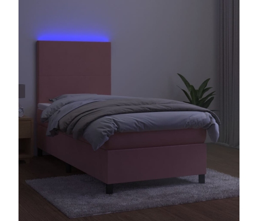 Cama box spring colchón y LED terciopelo rosa 100x200 cm