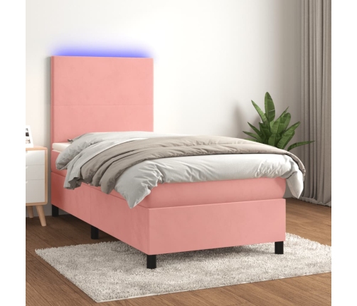 Cama box spring colchón y LED terciopelo rosa 100x200 cm