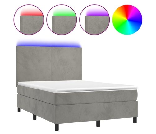 Cama box spring colchón y LED terciopelo gris claro 140x190 cm