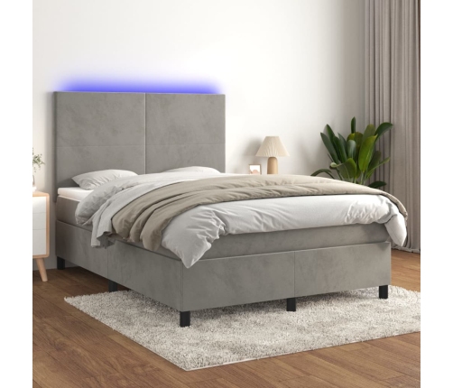 Cama box spring colchón y LED terciopelo gris claro 140x190 cm