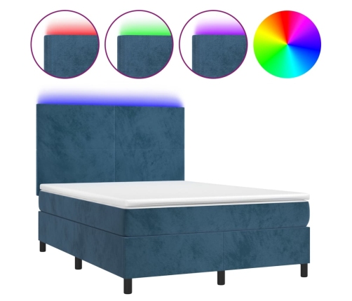 Cama box spring colchón y LED terciopelo azul oscuro 140x190 cm