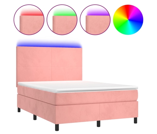 Cama box spring colchón y LED terciopelo rosa 140x190 cm