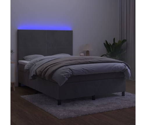 Cama box spring colchón y LED terciopelo gris claro 140x200 cm