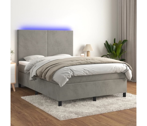 Cama box spring colchón y LED terciopelo gris claro 140x200 cm