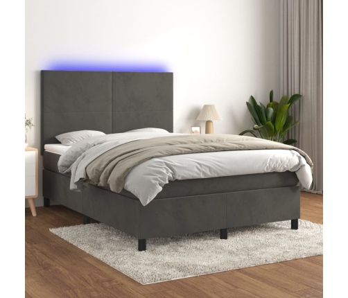 Cama box spring colchón y LED terciopelo gris oscuro 140x200 cm