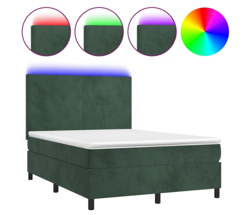 Cama box spring colchón y LED terciopelo verde oscuro 140x200cm