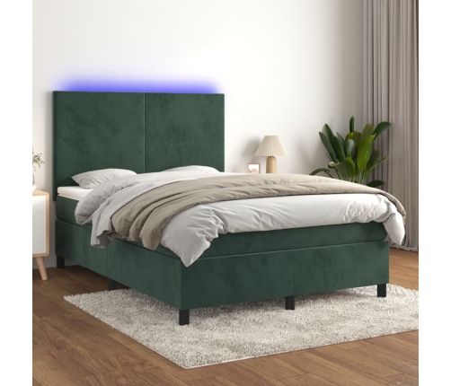 Cama box spring colchón y LED terciopelo verde oscuro 140x200cm