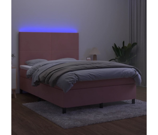 Cama box spring colchón y LED terciopelo rosa 140x200 cm