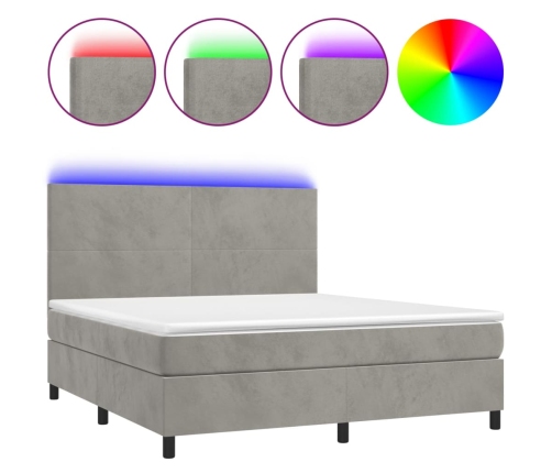 Cama box spring colchón y LED terciopelo gris claro 160x200 cm