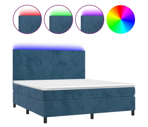 Cama box spring colchón y LED terciopelo azul oscuro 160x200 cm