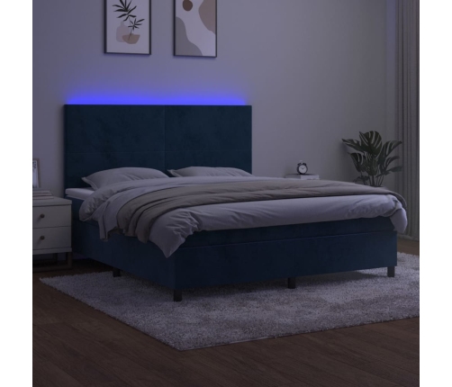 Cama box spring colchón y LED terciopelo azul oscuro 160x200 cm