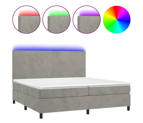 Cama box spring colchón y LED terciopelo gris claro 200x200 cm