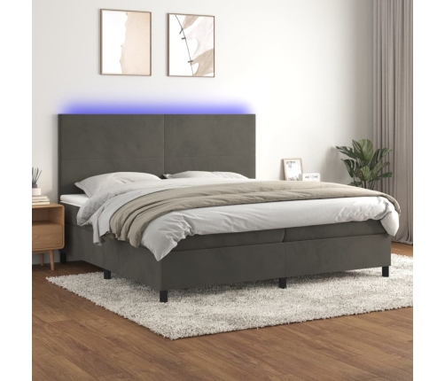 Cama box spring colchón y LED terciopelo gris oscuro 200x200 cm