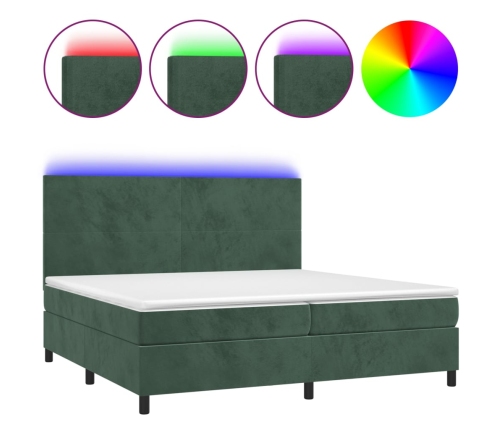 Cama box spring colchón y LED terciopelo verde oscuro 200x200cm