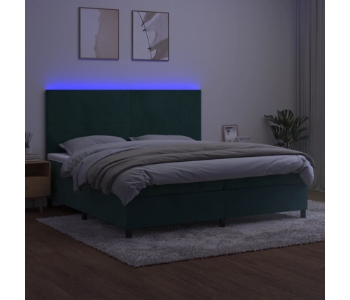 Cama box spring colchón y LED terciopelo verde oscuro 200x200cm