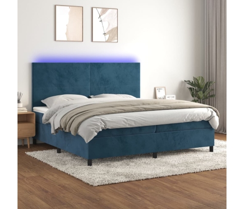 Cama box spring colchón y LED terciopelo azul oscuro 200x200 cm