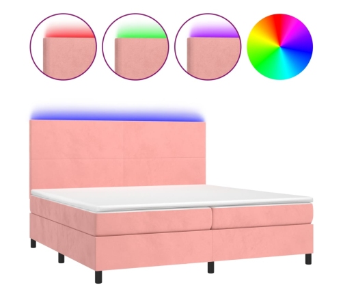 Cama box spring colchón y LED terciopelo rosa 200x200 cm