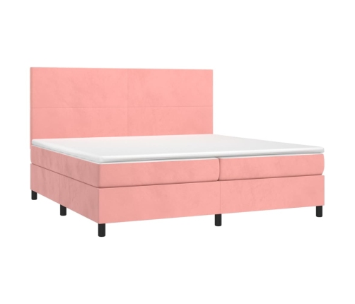 Cama box spring colchón y LED terciopelo rosa 200x200 cm