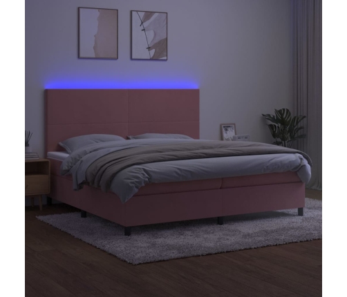 Cama box spring colchón y LED terciopelo rosa 200x200 cm