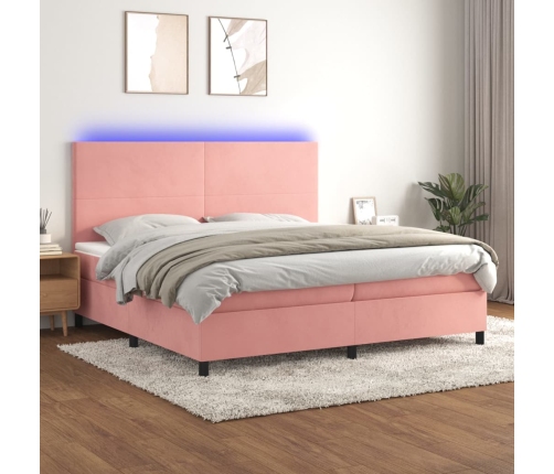 Cama box spring colchón y LED terciopelo rosa 200x200 cm