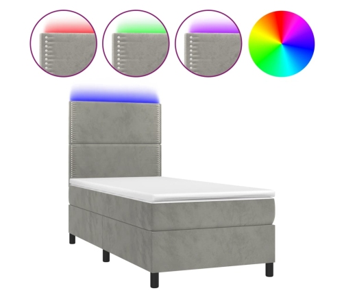 Cama box spring colchón y LED terciopelo gris claro 80x200 cm