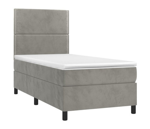 Cama box spring colchón y LED terciopelo gris claro 80x200 cm