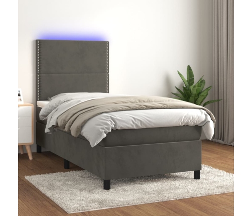 Cama box spring colchón y LED terciopelo gris oscuro 80x200 cm