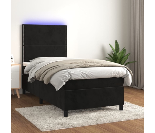 Cama box spring colchón y LED terciopelo negro 80x200 cm