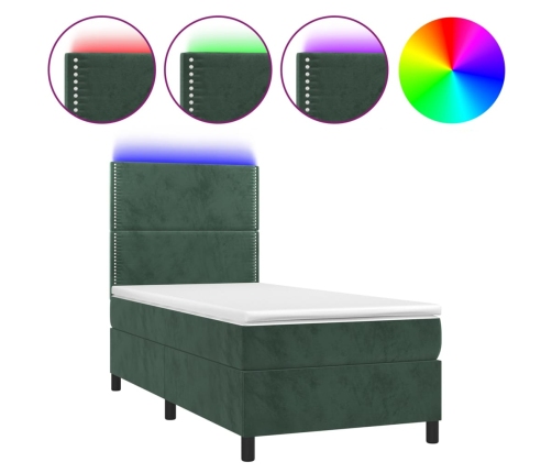 Cama box spring colchón y LED terciopelo verde oscuro 80x200 cm