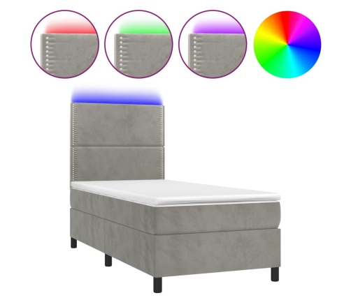 Cama box spring colchón y LED terciopelo gris claro 90x190 cm