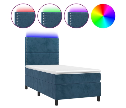 Cama box spring colchón y LED terciopelo azul oscuro 90x190 cm