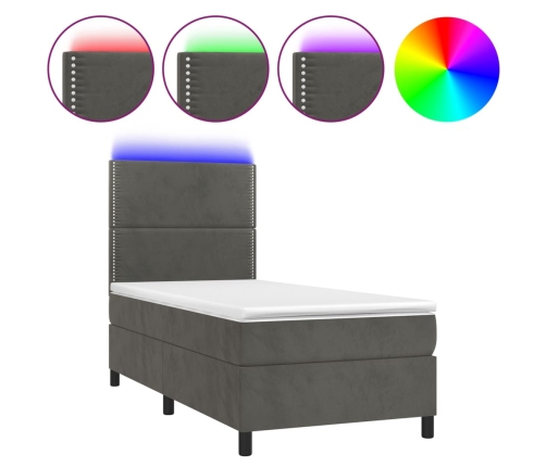 Cama box spring colchón y LED terciopelo gris oscuro 90x200 cm