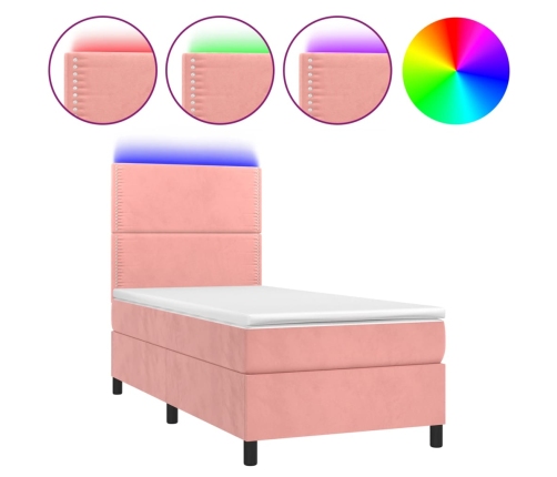 Cama box spring colchón y LED terciopelo rosa 90x200 cm