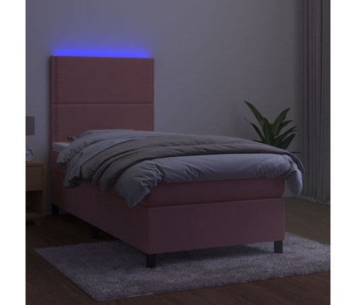 Cama box spring colchón y LED terciopelo rosa 90x200 cm