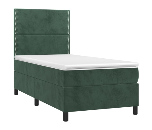 Cama box spring colchón y LED terciopelo verde oscuro 100x200cm