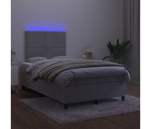 Cama box spring colchón y LED terciopelo gris claro 120x200 cm