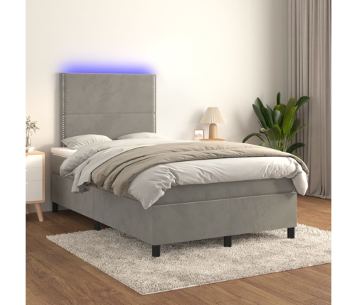 Cama box spring colchón y LED terciopelo gris claro 120x200 cm