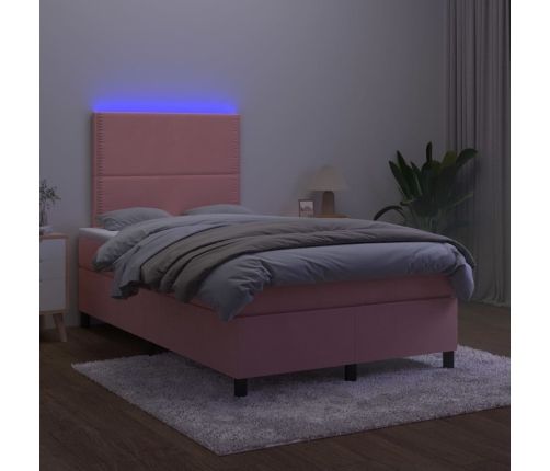 Cama box spring colchón y LED terciopelo rosa 120x200 cm