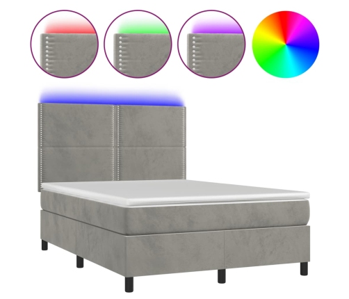 Cama box spring colchón y LED terciopelo gris claro 140x190 cm